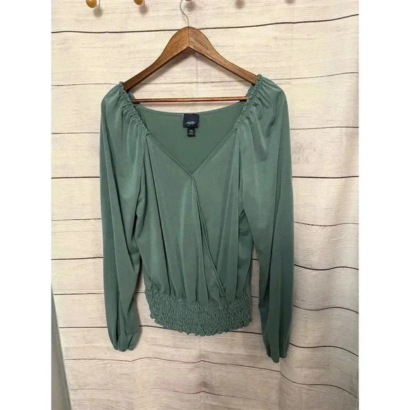 Free People Tops - Free People Women's 2XL Green Smocked Surplice Blouse Long Sleeve